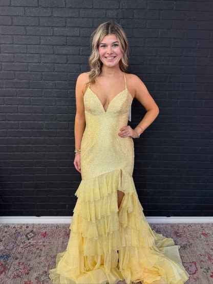 Yellow Sparkly Mermaid Tiered Ruffle Sequin Long Prom Dress