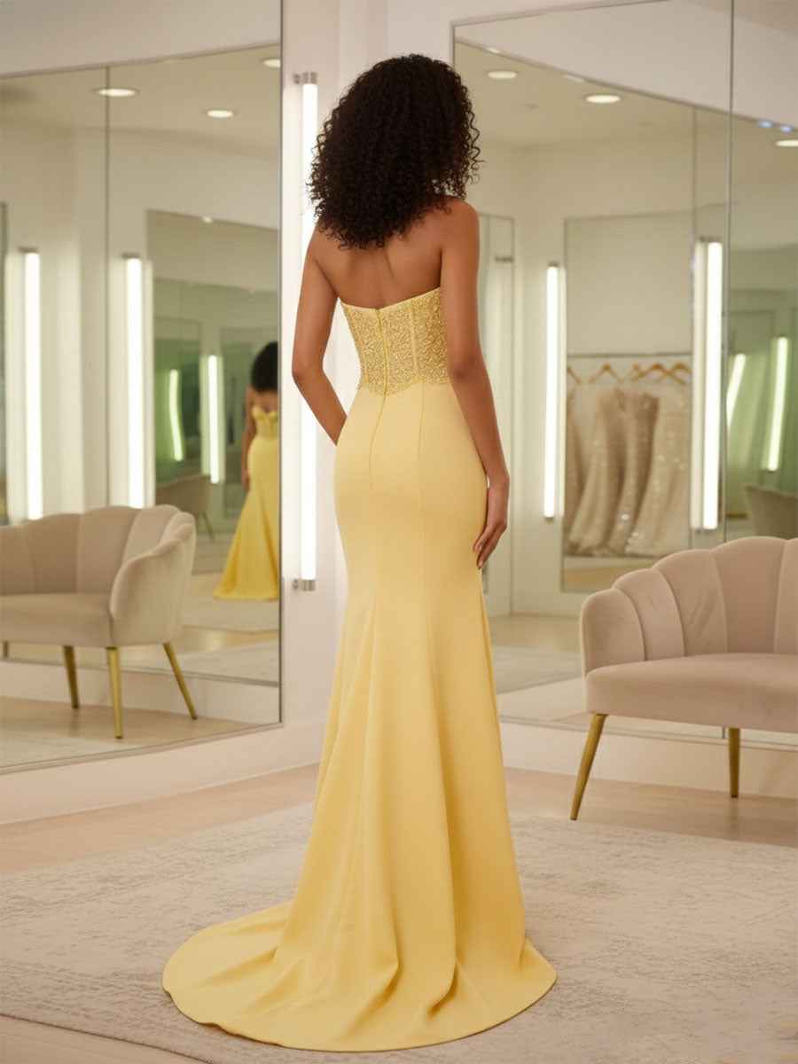 Yellow Strapless Beaded Corset Bow Prom Dress with High Slit