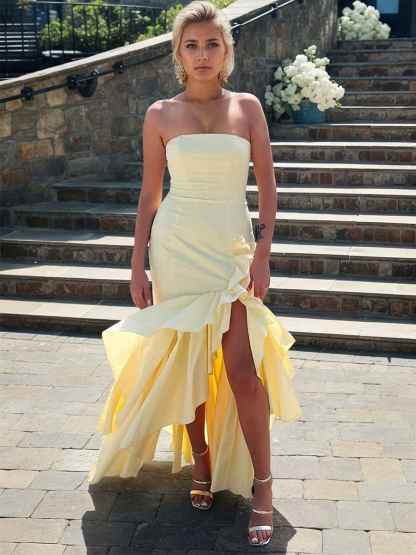 Yellow Strapless Cascading Ruffled Satin Prom Dress with High Slit
