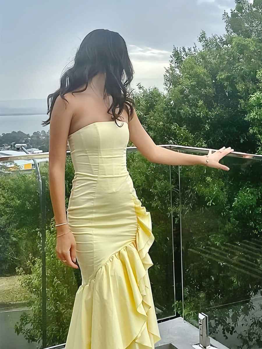 Yellow Strapless Cascading Ruffled Satin Prom Dress with High Slit