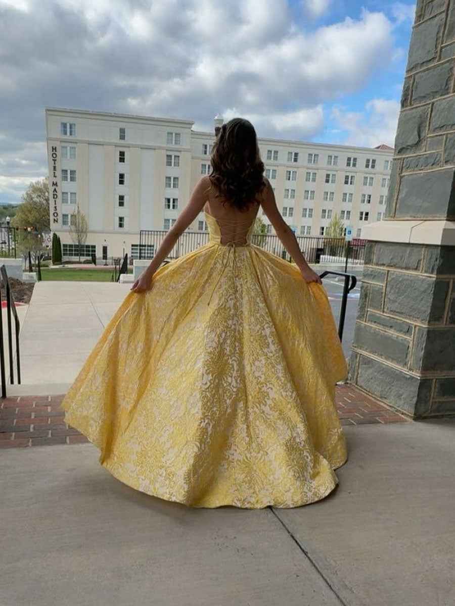Yellow Strapless Embroidery Print A-Line Long Prom Dress