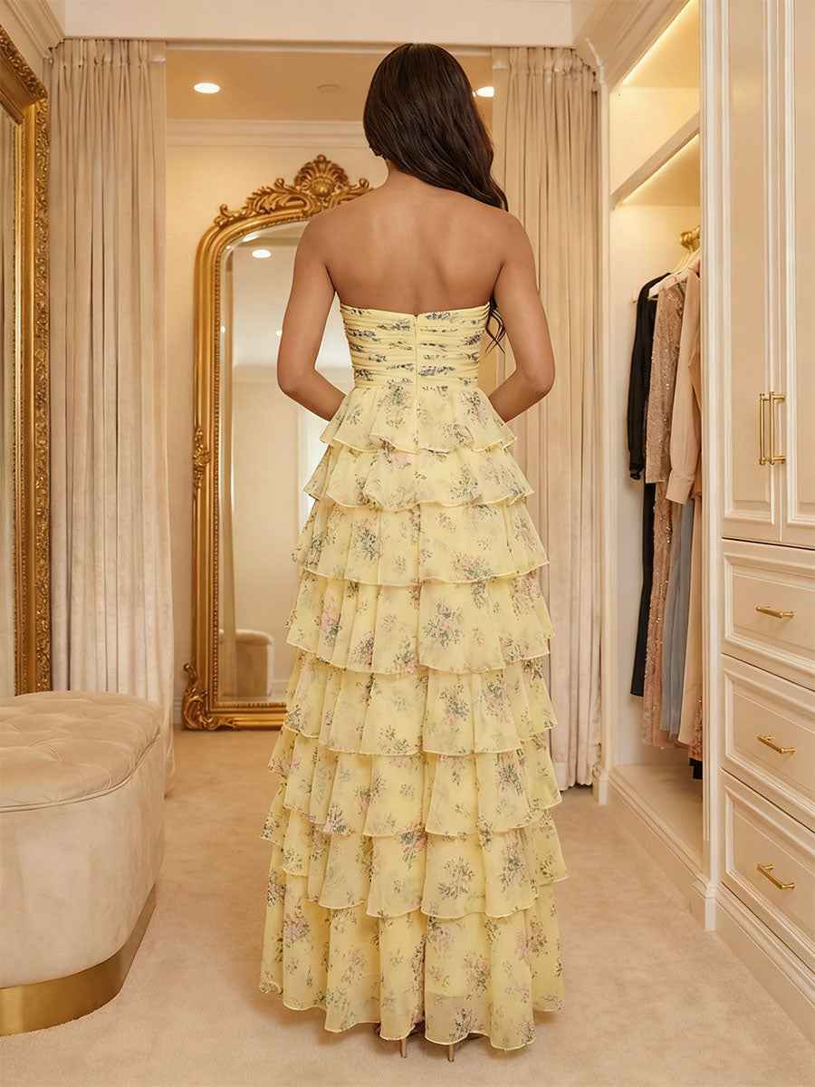 Yellow Strapless Floral Print Prom Dress with Tiered Ruffle Skirt