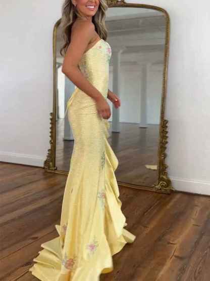 Yellow Strapless Floral Rhinestone Prom Dress with Corset Back