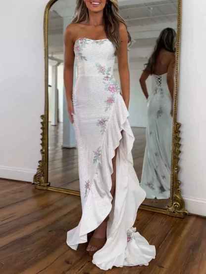 Yellow Strapless Floral Rhinestone Prom Dress with Corset Back