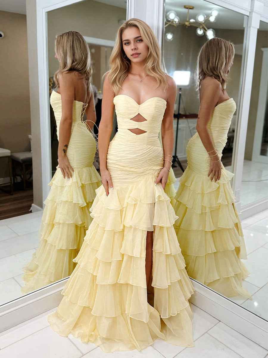 Yellow Strapless Mermaid Cutouts Ruffled Tiered Corset Back Prom Dress with Slit