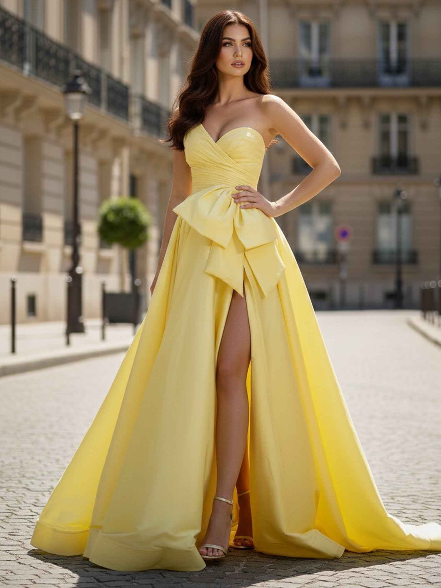 Yellow Strapless Satin Prom Dress with Dramatic Bow and High Slit