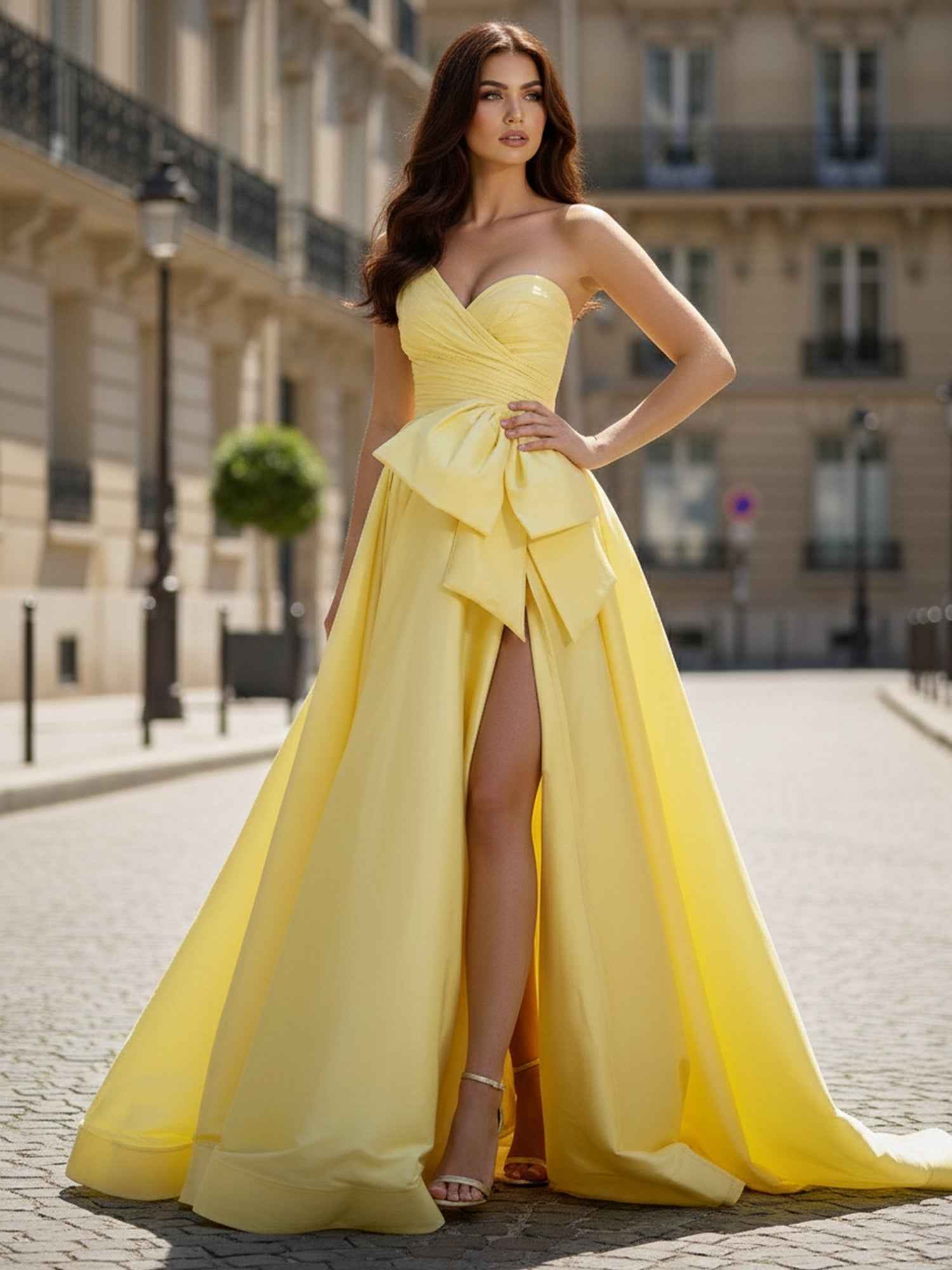 Yellow Strapless Satin Prom Dress with Dramatic Bow and High Slit