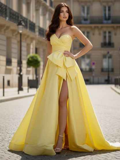 Yellow Strapless Satin Prom Dress with Dramatic Bow and High Slit