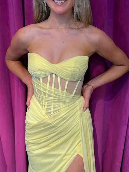 Yellow Strapless Sweetheart Corset Ruched Prom Dress with Slit