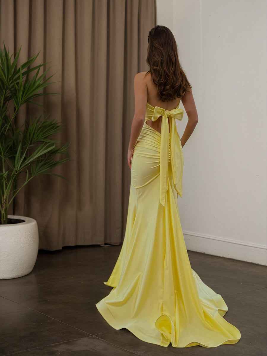 Yellow Strapless Sweetheart Neckline Ruched Prom Dress with Thigh Slit