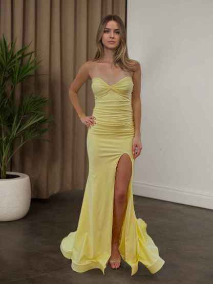 Yellow Strapless Sweetheart Neckline Ruched Prom Dress with Thigh Slit