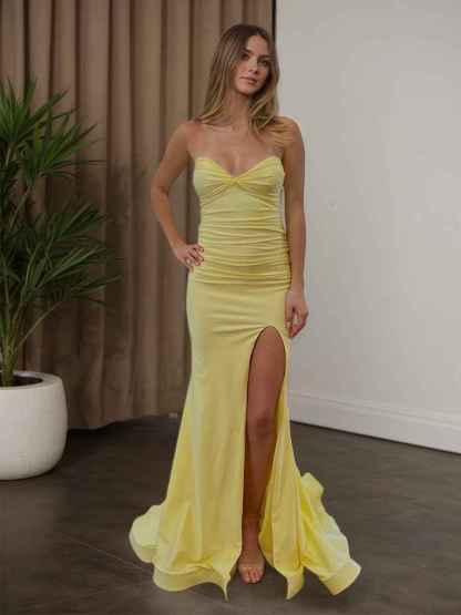 Yellow Strapless Sweetheart Neckline Ruched Prom Dress with Thigh Slit