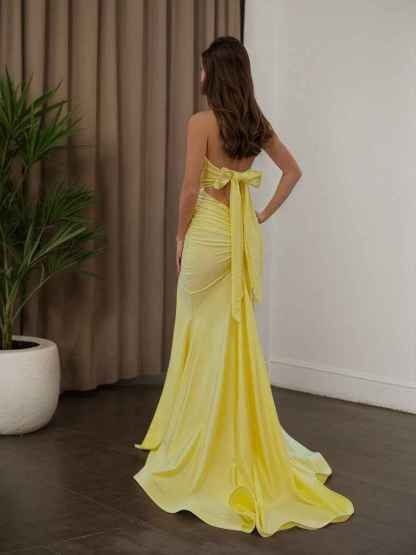 Yellow Strapless Sweetheart Neckline Ruched Prom Dress with Thigh Slit