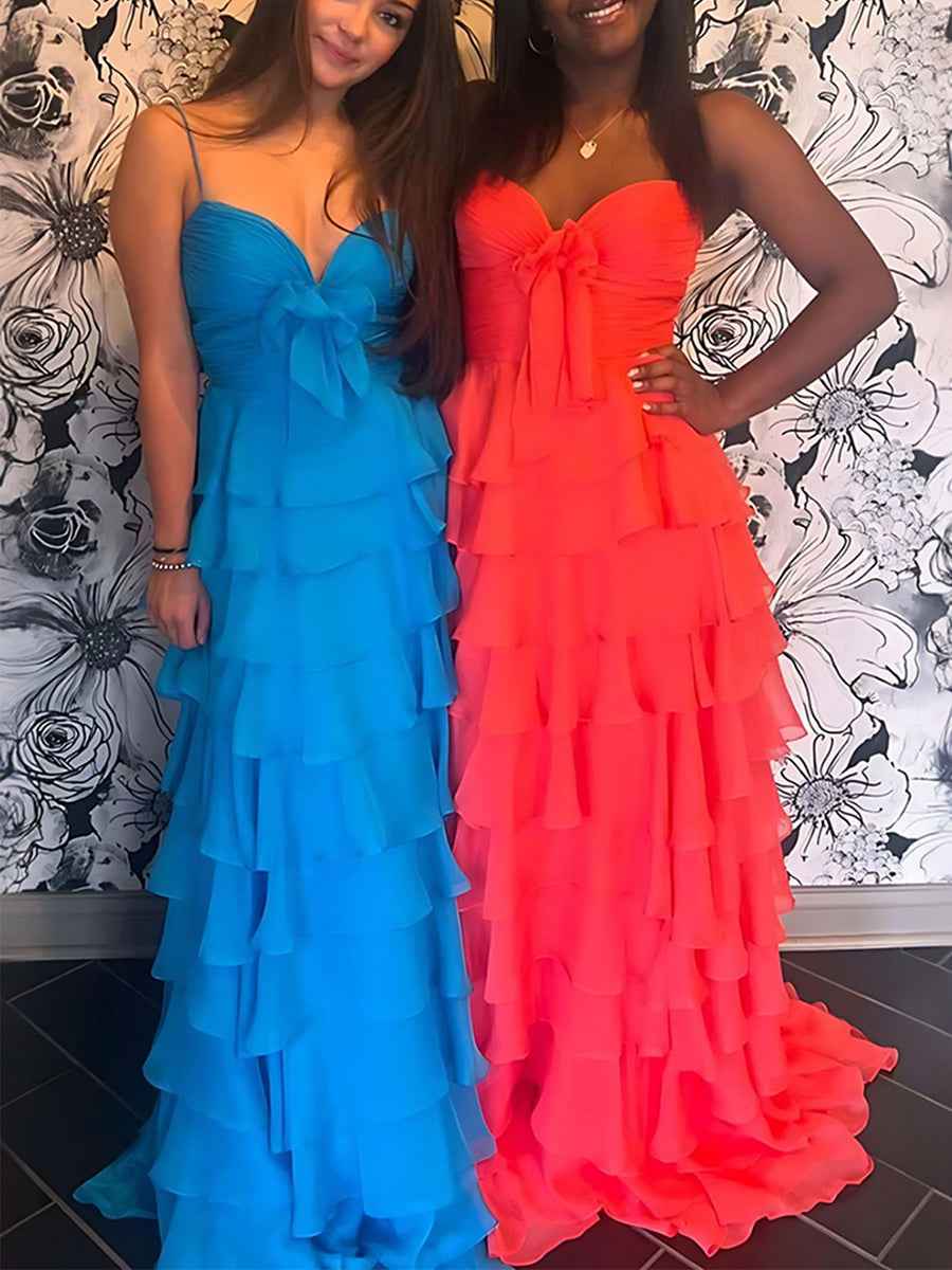 Yellow Tie-Front Sweetheart Neckline Tiered Ruffle Prom Dress with Slit