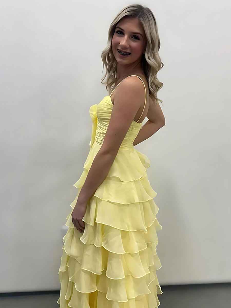 Yellow Tie-Front Sweetheart Neckline Tiered Ruffle Prom Dress with Slit