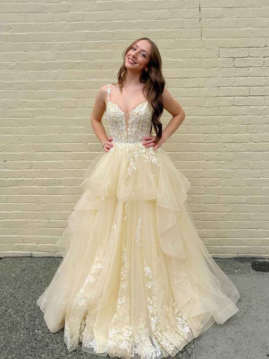 Yellow Tiered Tulle A-Line Long Prom Dress with Floral Lace