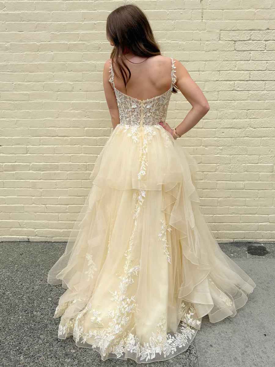 Yellow Tiered Tulle A-Line Long Prom Dress with Floral Lace