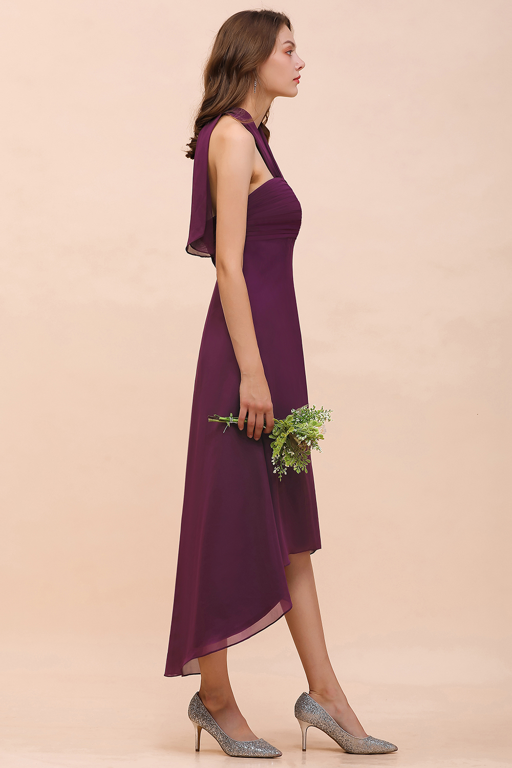 BMbridal Stylish Hi-Lo Halter Grape Chiffon Affordable Bridesmaid Dresses with Ruffle-BMbridal