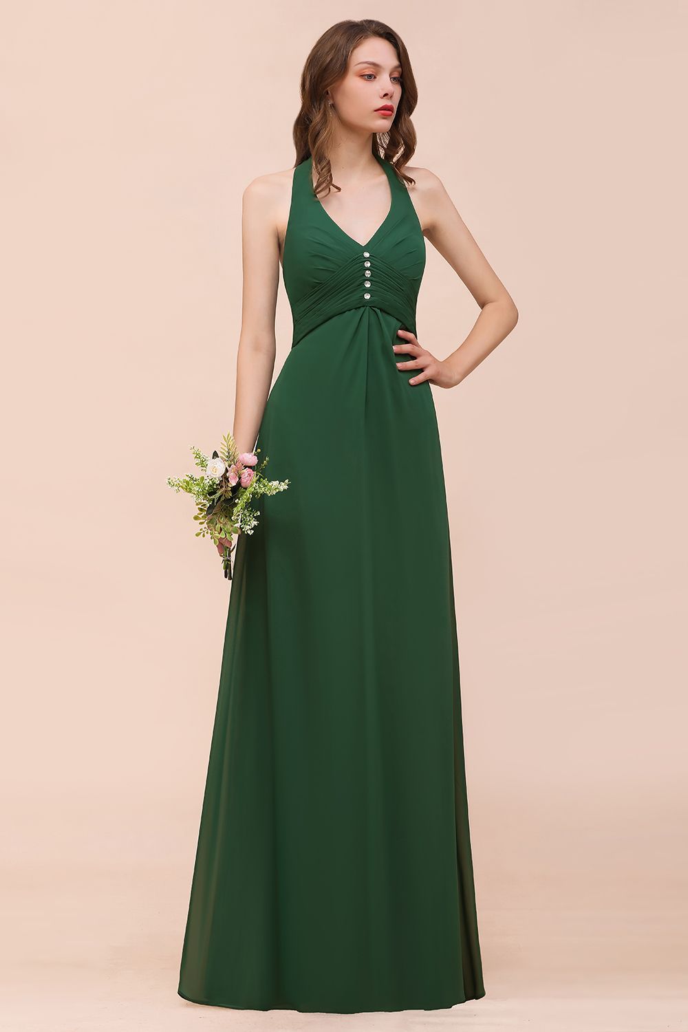 BMbridal Affordable Halter Beading Ruffle Dark Green Bridesmaid Dress With Shawl-BMbridal