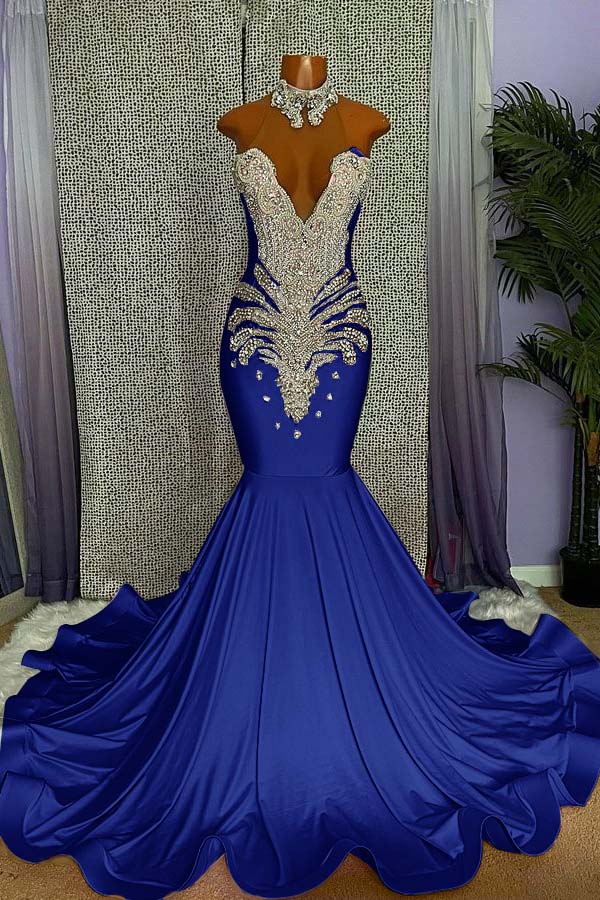 Mermaid Pink High Neck Sleeveless Prom Dress Beaded With Appliques