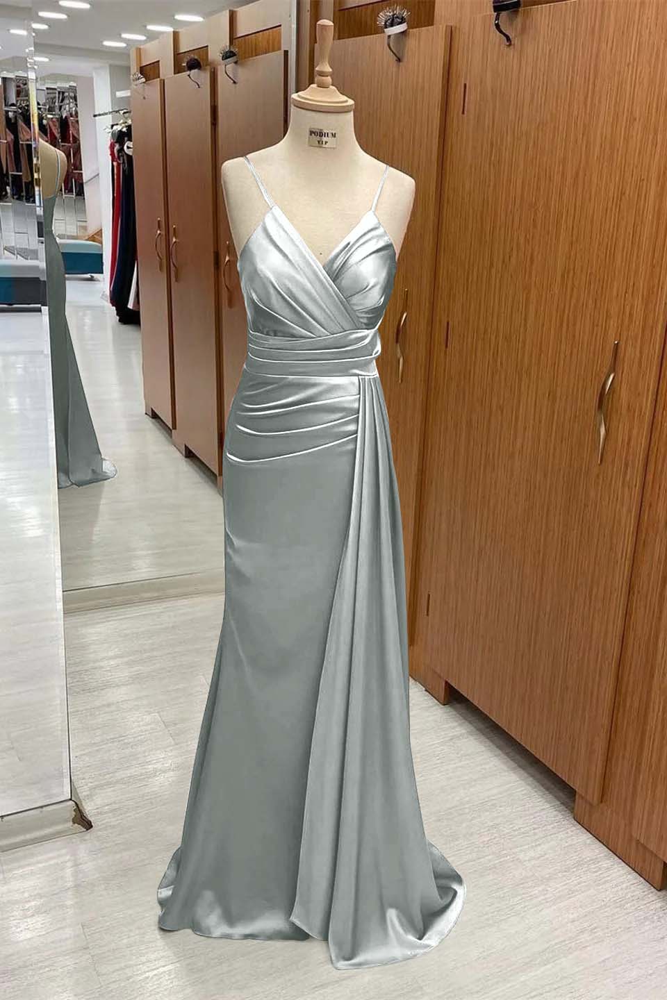 Spaghetti Strap Sleeveless Long Mermaid Prom Dress With Pleated