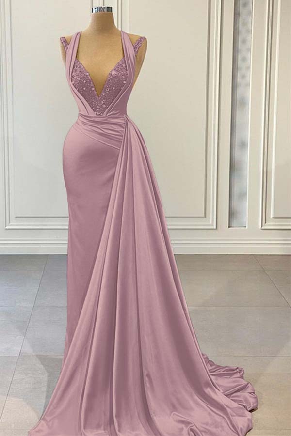 Halter V Neck Sleeveless Long Prom Dress With Beading Pleated