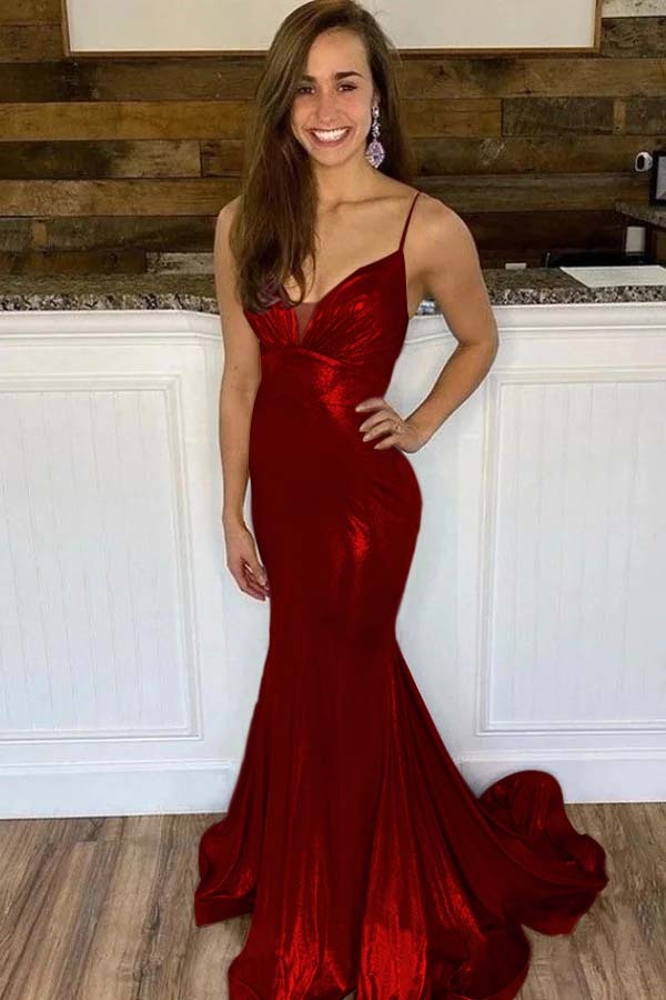 Spaghetti Strap Sleeveless Long Mermaid Prom Dress With Ruffles