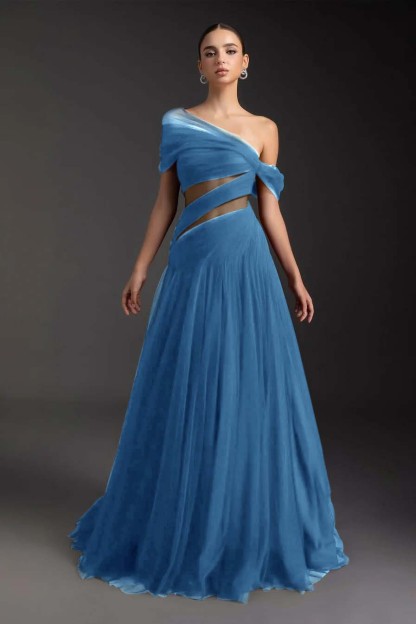 Glamorous Tulle One Shoulder Sleeveless Long Prom Dress With Pleated