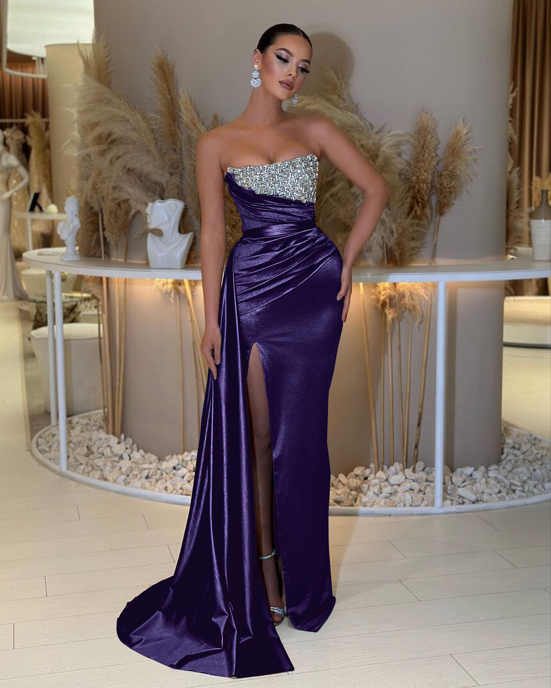 Charming Strapless Sleeveless Beading Sleeveless Split Prom Dress with Ruffles