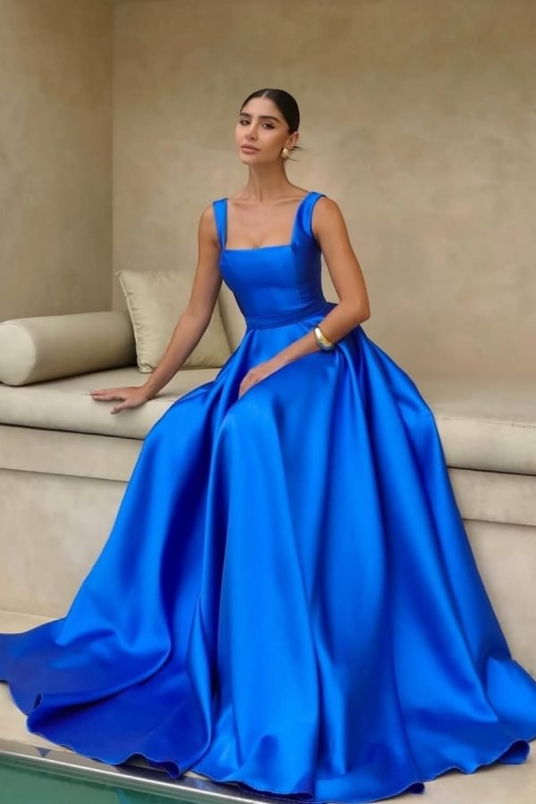 Stain Straps Sleeveless A Line Long Prom Dress With Pleated