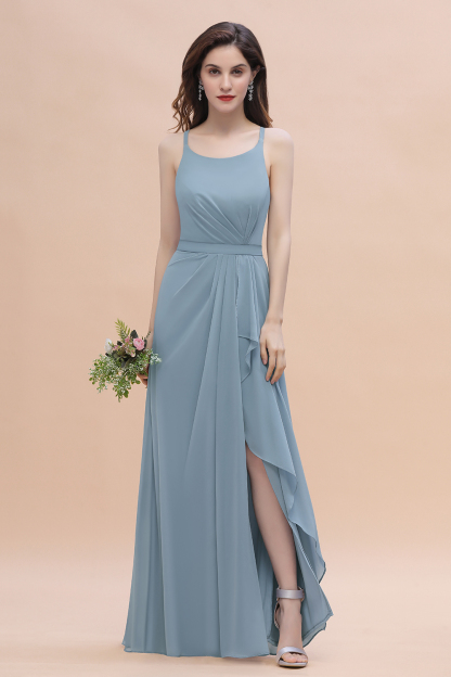 BMbridal Gorgeous A-Line Straps Dusty Blue Chiffon Bridesmaid Dress with Ruffles On Sale-BMbridal