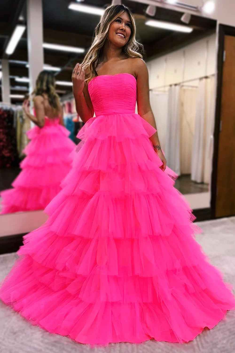 Hot Pink A Line Straples Long Prom Dress with Ruffles