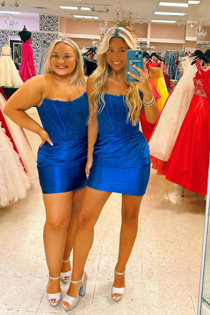 Dark Green Strapless Satin Corset Tight Short Homecoming Dress (Gloves not Included)