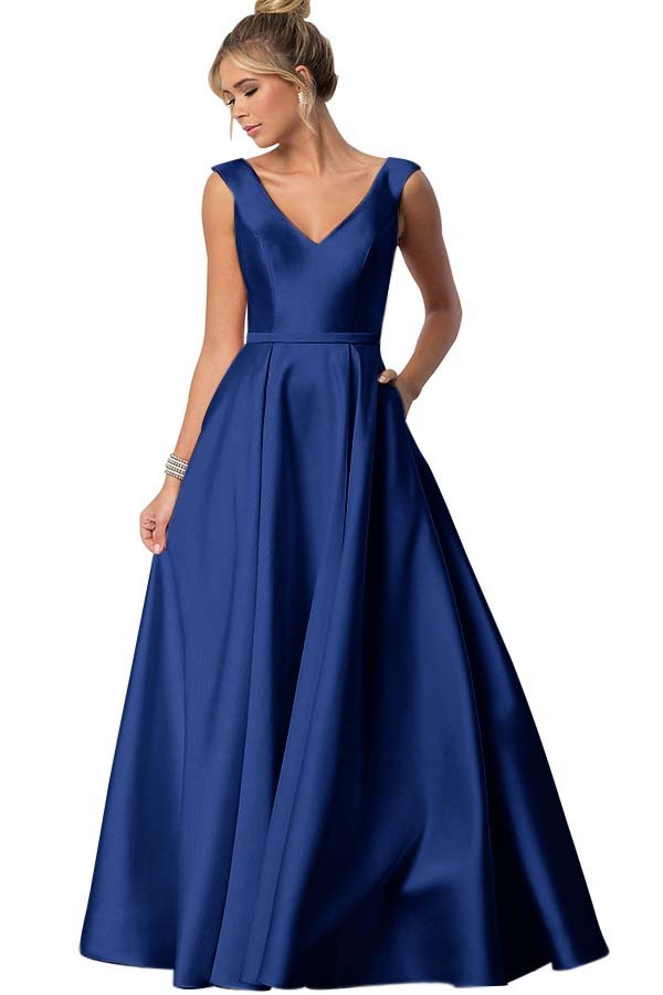 Straps V Neck Sleeveless Long Prom Dress With Pockets Pleated