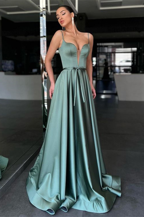 Charming Sage Spaghetti Strap Sleeveless A Line Prom Dress Long With Belt