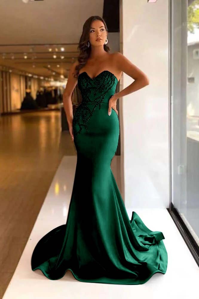 Pretty Strapless Sweetheart Sleeveless Long Mermaid Prom Dress With Beadings