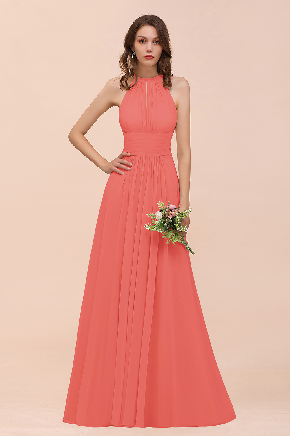 BMbridal Elegant Chiffon Jewel Ruffle Champagne Affordable Bridesmaid Dress Online-BMbridal