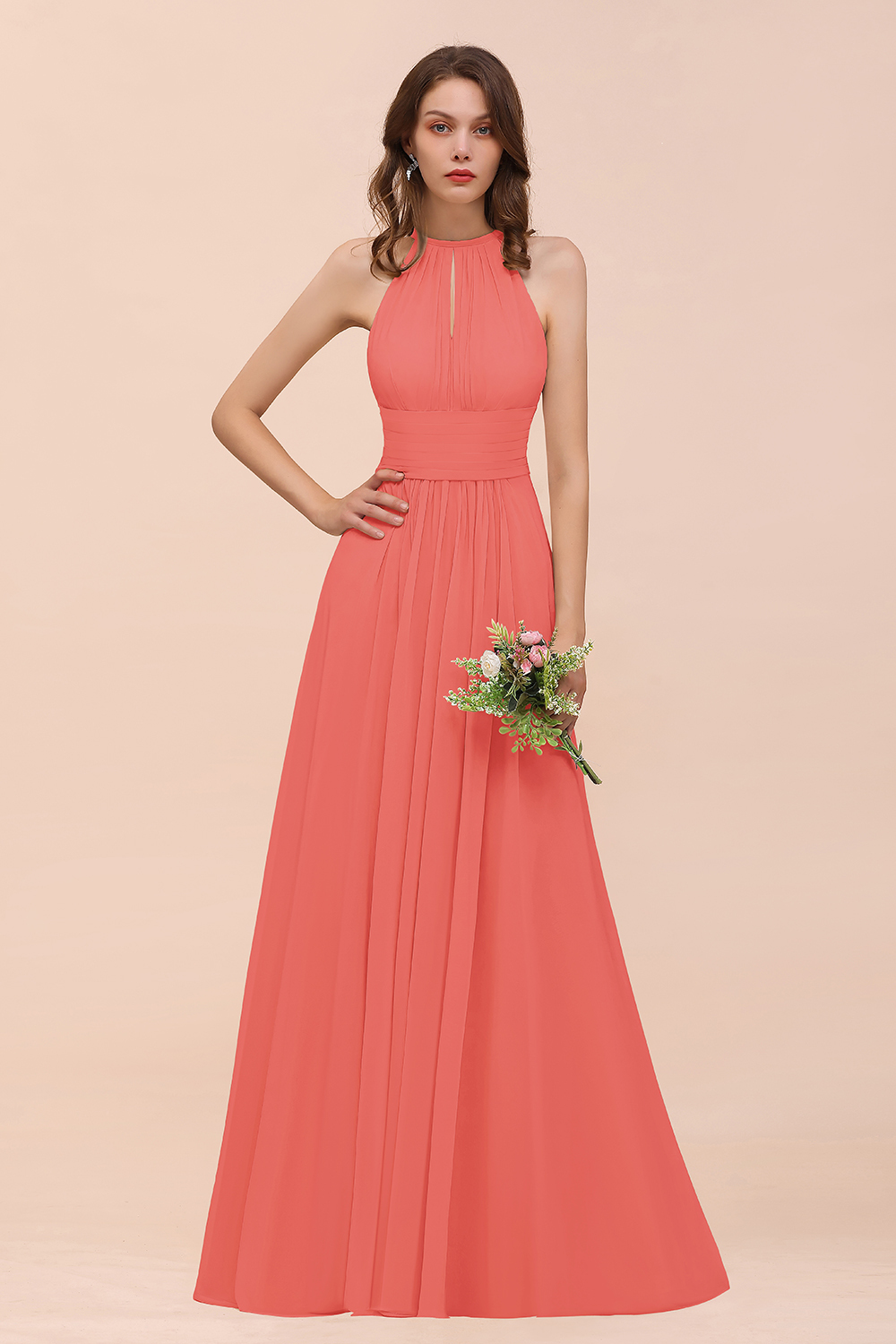 BMbridal Elegant Chiffon Jewel Ruffle Champagne Affordable Bridesmaid Dress Online-BMbridal