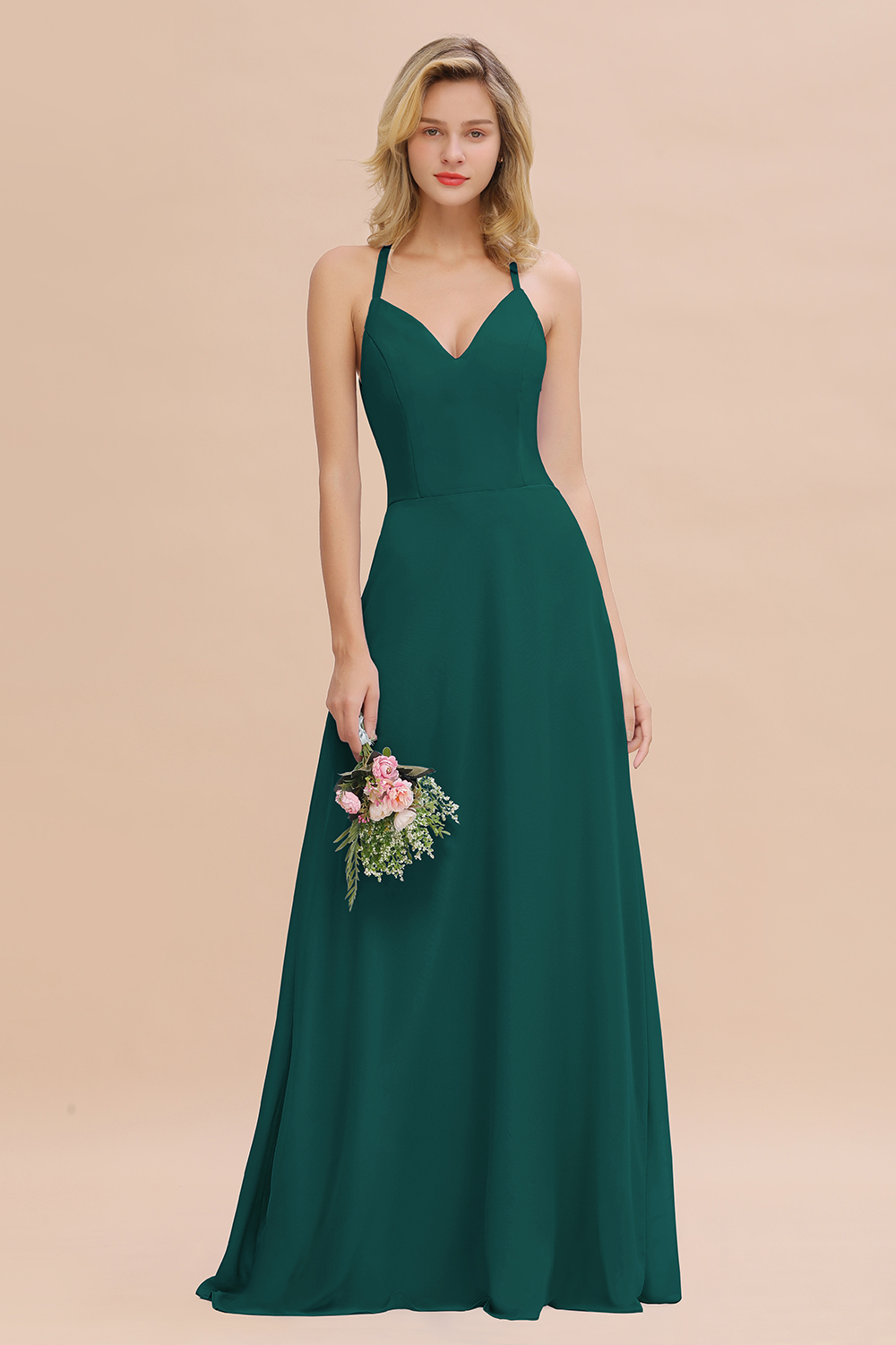 BMbridal Modest Halter V-Neck Sleeveless Long Bridesmaid Dresses Online-BMbridal
