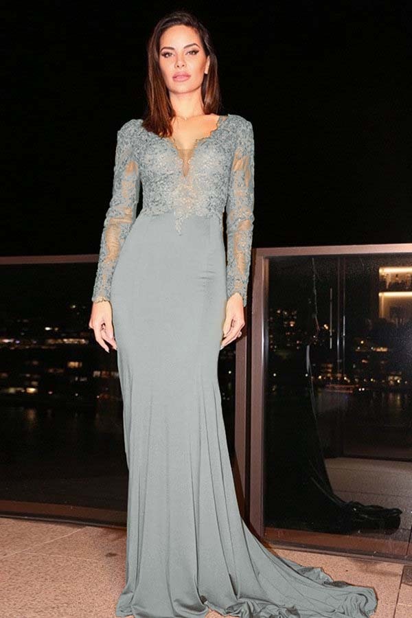 Long Sleeves Long Mermaid Prom Dress With Pleated Appliques