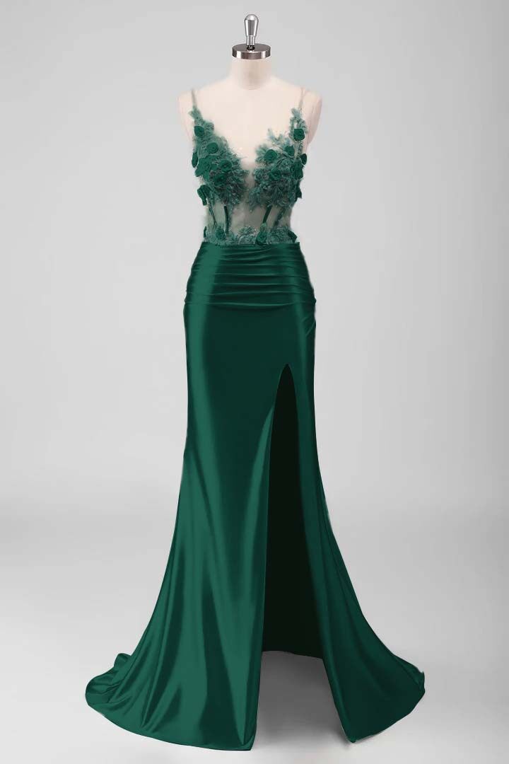 Sleeveless Spaghetti Strap Long Split Mermaid Prom Dress With Appliques