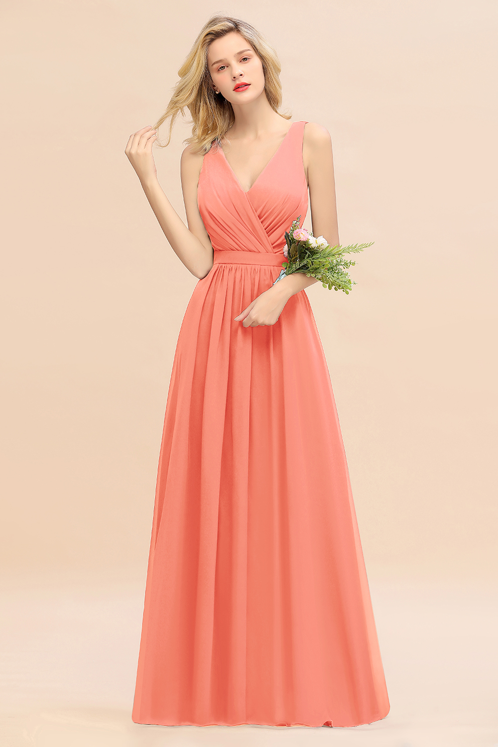 BMbridal Affordable V-Neck Ruffle Long Grape Chiffon Bridesmaid Dress with Bow-BMbridal