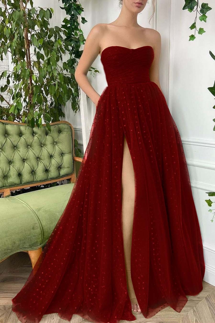 Tulle Sleeveless Strapless Long Split Prom Dress With Pleated