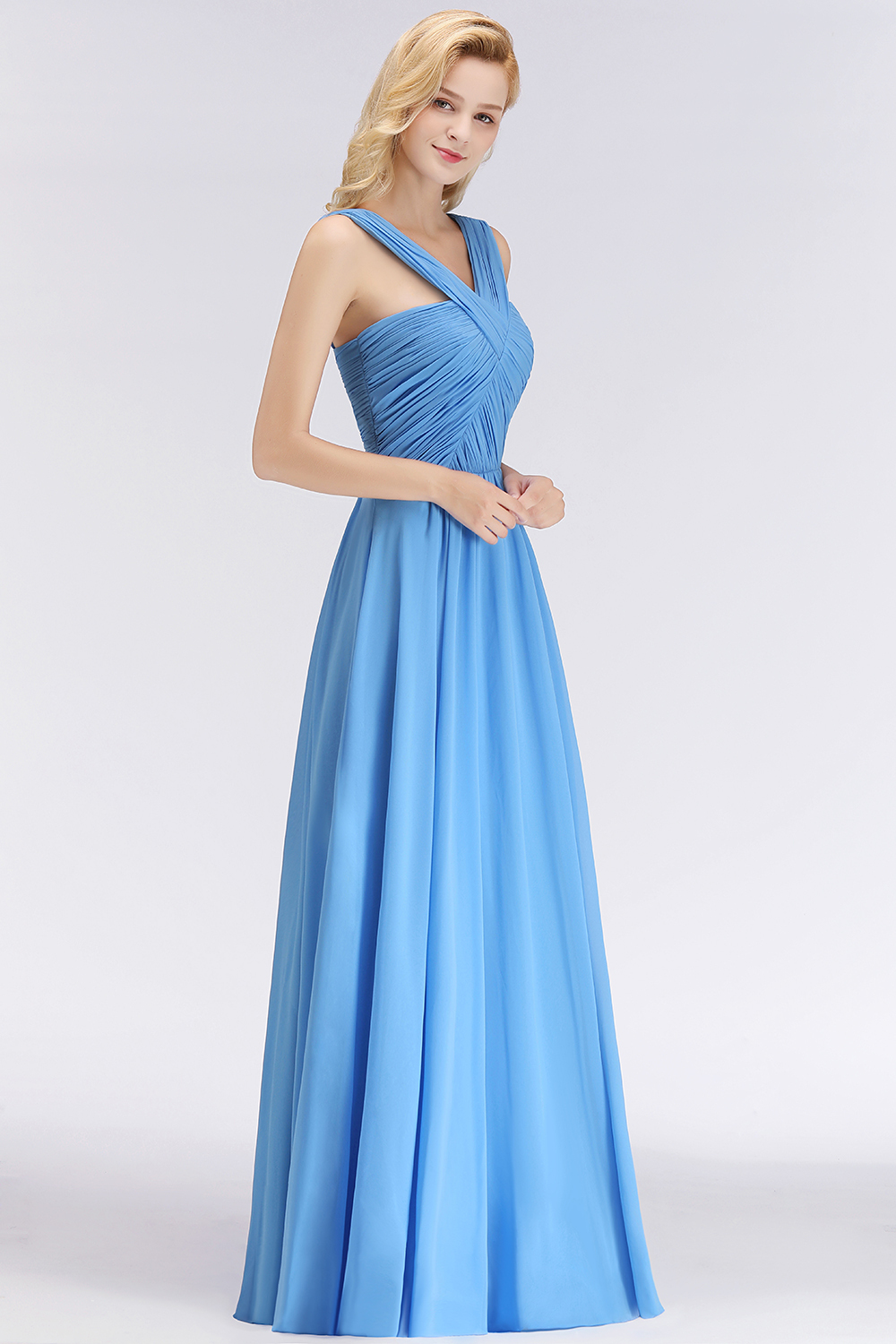 BMbridal Chic Crisscross Ocean Blue Junior Bridesmaid Dresses Affordable Chiffon Ruffle Maid of Honor Dresses-BMbridal