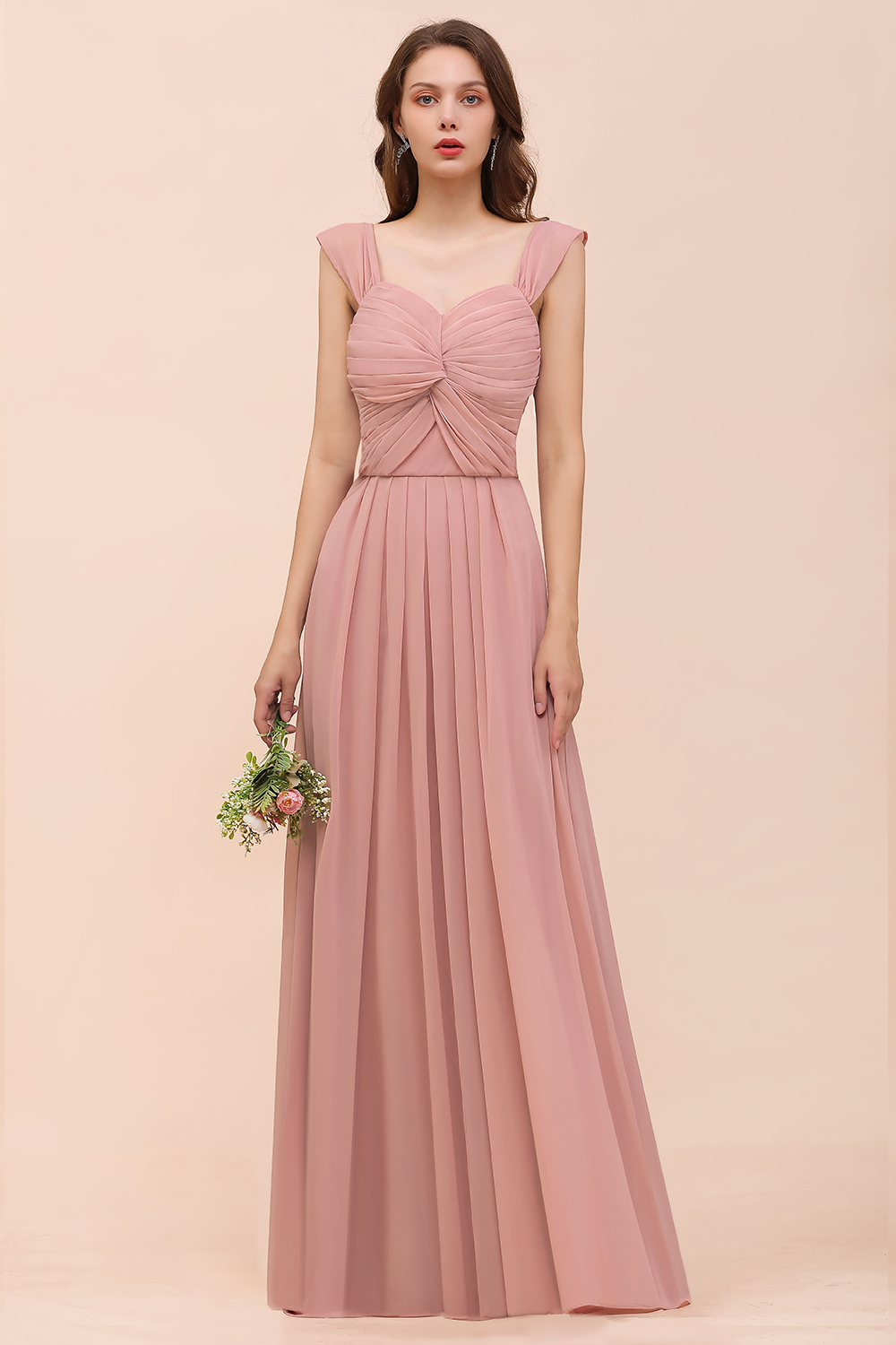 BMbridal Vintage Mauve Chiffon Straps Ruffle Affordable Bridesmaid Dress-BMbridal