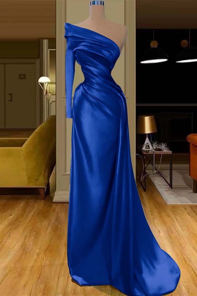 Glamorous One Shoulder Champagne Long Sleeve Prom Dress Mermaid With Pleated