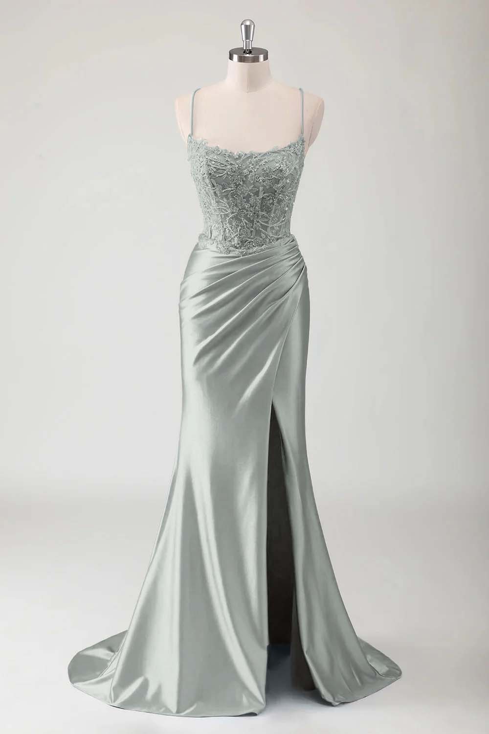 Spaghetti Strap Sleeveless Long High Split Prom Dress With Appliques