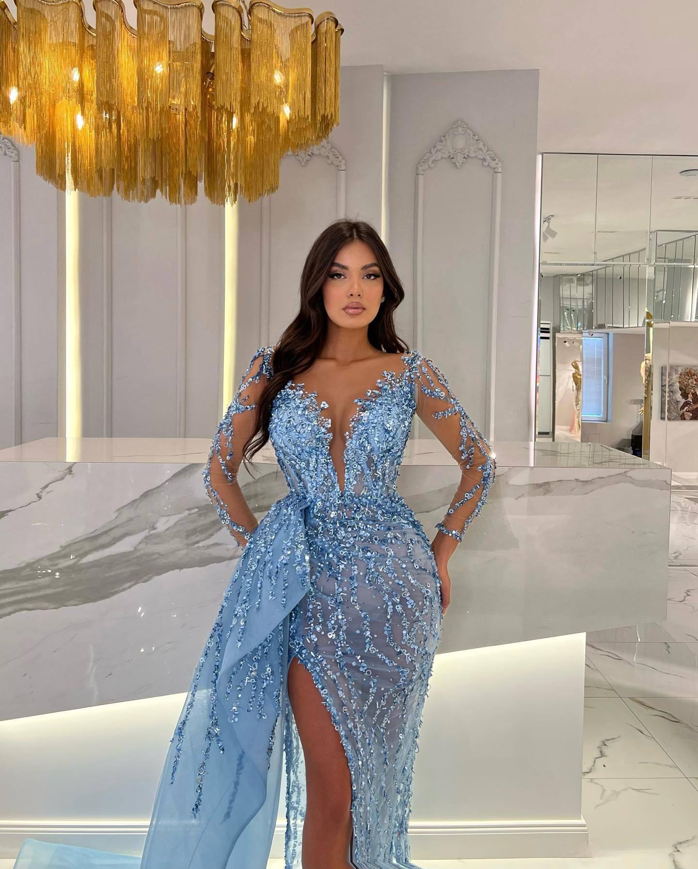Shiny Blue Split Long Sleeves Mermaid Beaded Prom Dress Appliques Tulle
