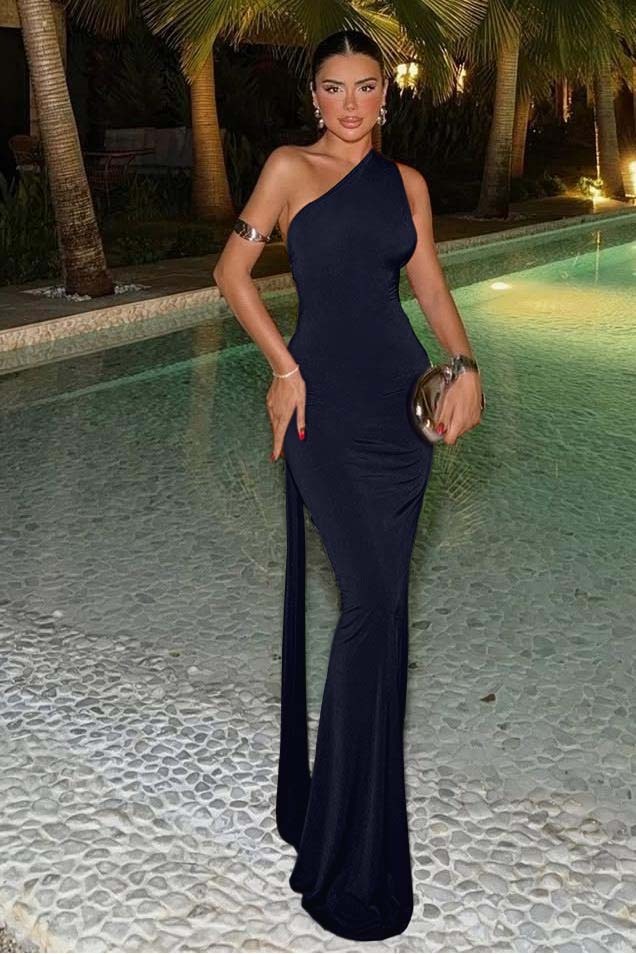 One Shoulder Sleeveless Mermaid Long Prom Dress With Ruffles