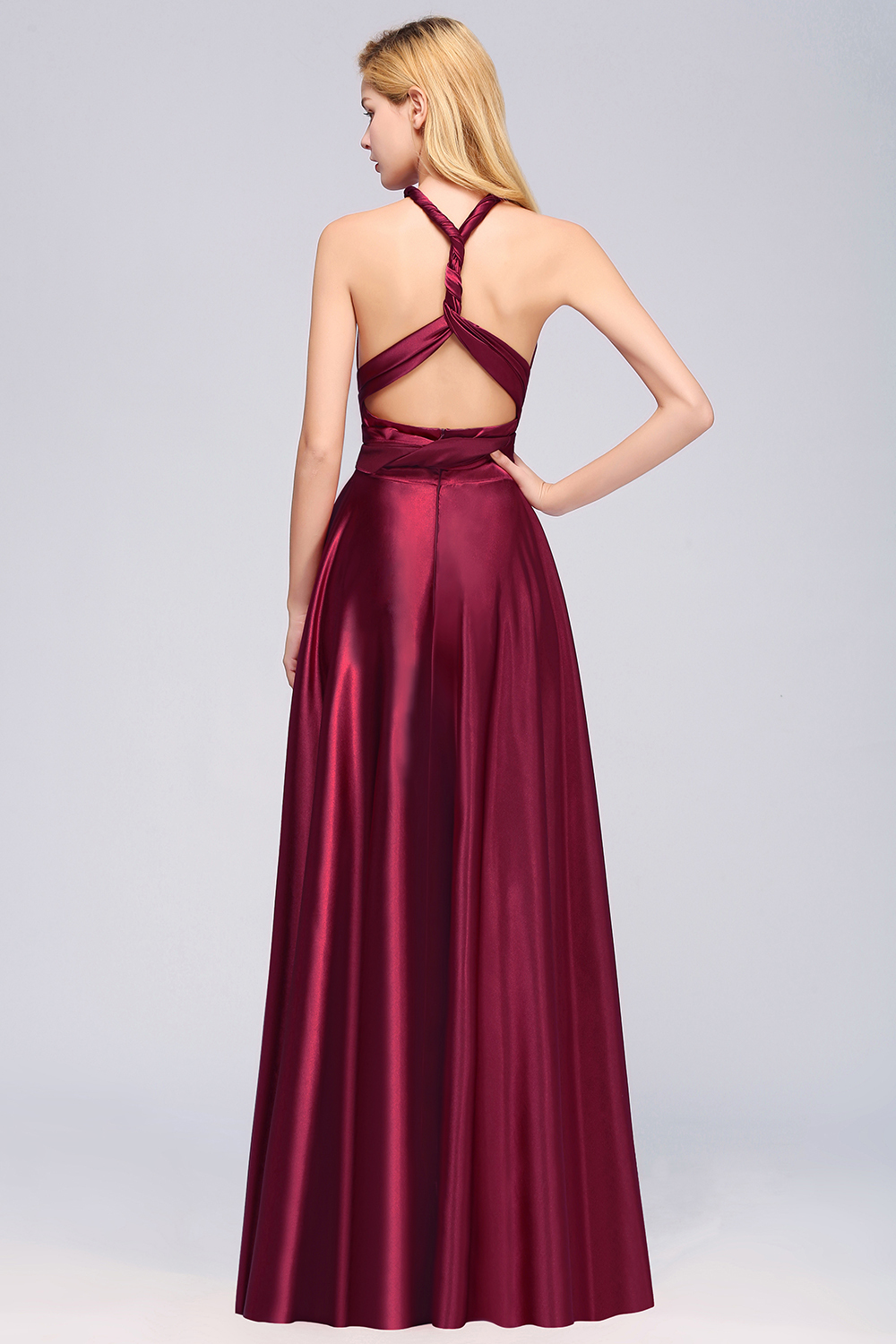 BMbridal Chic Burgundy Satin Long Bridesmaid Dresses With One Shoulder-BMbridal